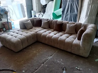 Large L-shaped Tufted Fabric Sofa with Chaise - Beige