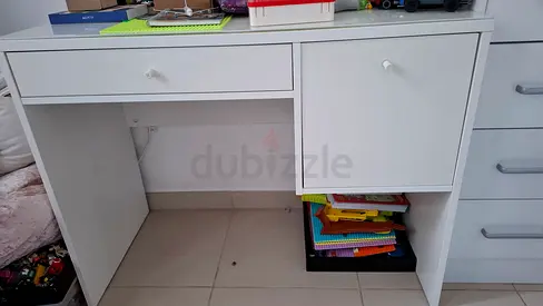 White Study Desk with Drawer and Cabinet - Good Condition