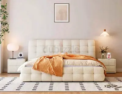 Modern Upholstered King Bed with Padded Headboard (Cream)