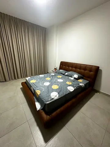 King size brown leather upholstered bed with padded headboard and Mattress