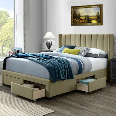 King Size Upholstered Storage Bed with Headboard and Under-bed Drawers