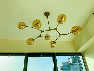 Modern 7-Light Branch Chandelier with Amber Glass Shades
