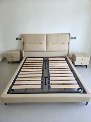 Beige Faux Leather Bed Frame with Headboard and 2 Nightstands (No Mattress)