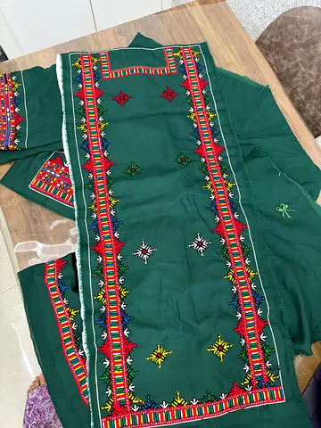 BALOCHI UNSTITCHED DRESS - Dark Green Embroidered Traditional Kurta Set — 3 pc