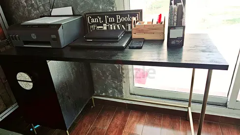 Minimalist Black Study Desk with Storage Cabinet — Good Condition