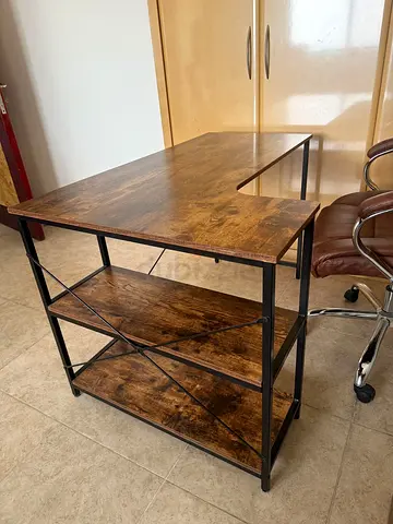 L-shaped Wooden Computer Desk with Open Shelves (Rustic Finish)  Orange chair