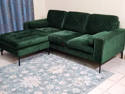 Dark Green Velvet L-Shaped Sofa with Chaise - Good Condition