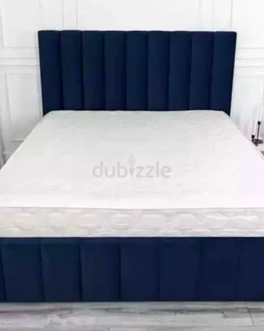 Upholstered Navy Blue Bed Frame with Headboard (Queen)
