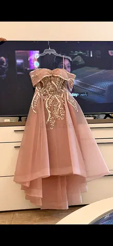 Blush pink strapless high-low prom dress with sequin embroidery — size approx teen (medium)