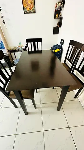 Solid Wood 4-Seater Dining Table with Chairs - Dark Finish