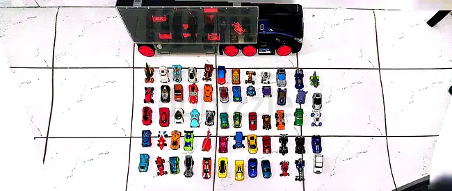 Lot of ~70 Small Toy Cars with Storage Truck Container - Assorted Colors Hotwheel and maisto