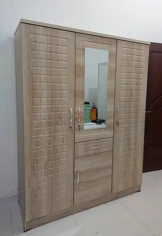 3-Door Wardrobe with Mirror — Light Wood Finish