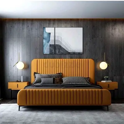 Modern upholstered king-size bed with padded headboard in mustard