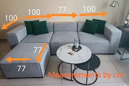 L-shaped Grey Fabric Sofa with Ottoman — Measurements Included