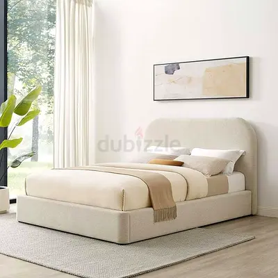 Beige Upholstered Double Bed with Cushioned Headboard — Modern Minimalist