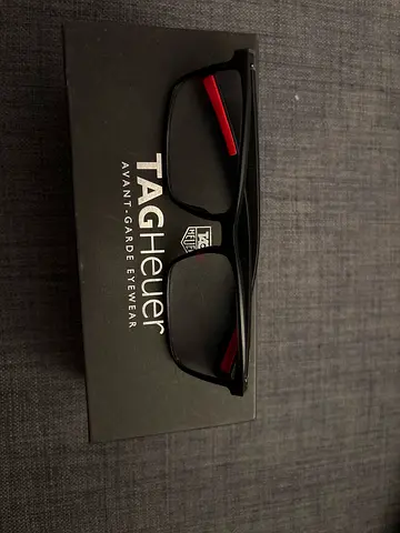 Tag Heuer Black Rectangular Eyeglasses with Red Temple Accents