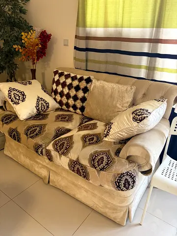 Beige 2 Seater Fabric Sofa with Cushions - Good Condition