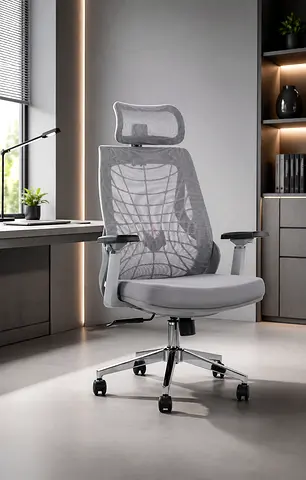 Grey Ergonomic Office Chair with 3D Armrest  2D Headrest – Luxury Executive Mesh Chair for Offices