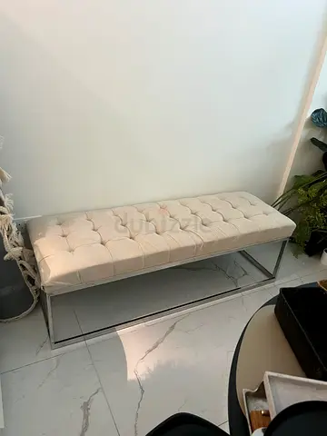 Tufted Beige Upholstered Bench with Chrome Frame Ottoman