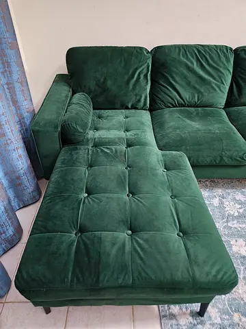 Dark Green Velvet L-Shaped Sofa with Chaise - Good Condition