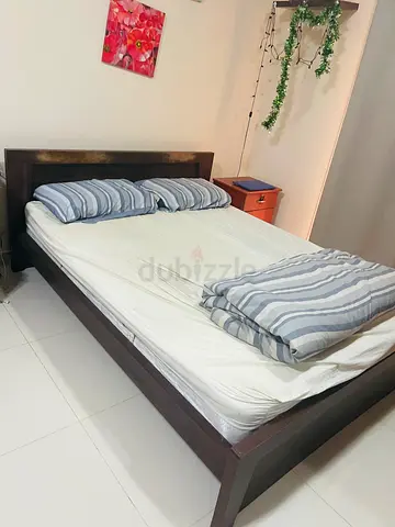 Solid Dark Wood Double Bed Frame with Headboard - Good Condition