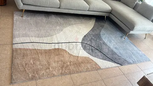 Modern abstract area rug — neutral tones, good condition