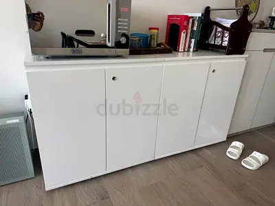 Two White Low Storage Cabinets - 2 Doors Each