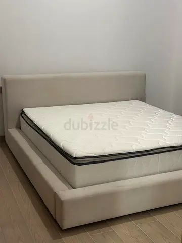 Beige Fabric Platform Bed with Headboard - Queen/King with mattress