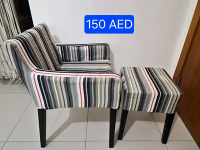Striped Accent Armchair with Matching Ottoman - Good Condition