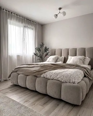 Upholstered King Size Bed with Padded Headboard - Light Grey