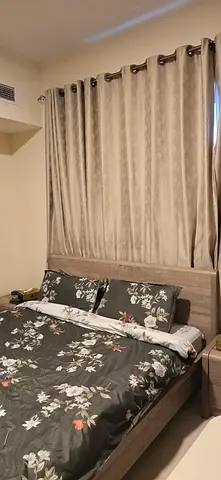 Queen bed with mattress and curtains - good condition