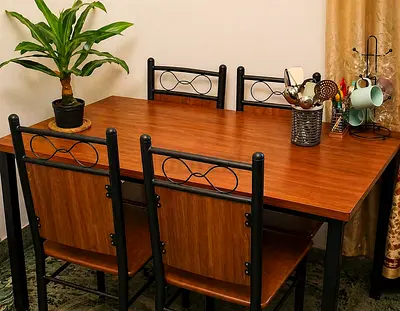 Wooden Dining Table with 4 Metal Frame Chairs - Compact Set