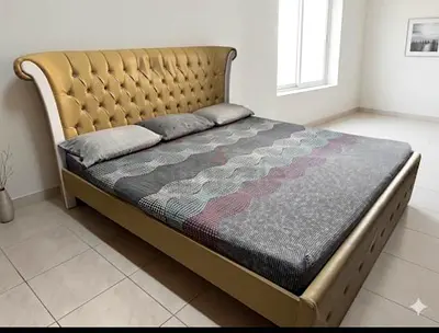 King Size Upholstered Tufted Headboard Bed Frame - Beige/Gold