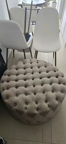 Round Tufted Ottoman Pouf in Light Grey