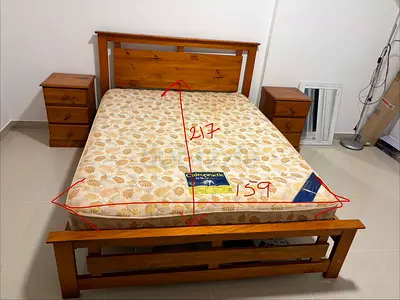 Solid Oak Wood Queen Bed Frame with Orthopaedic Mattress and Two Matching Nightstands.