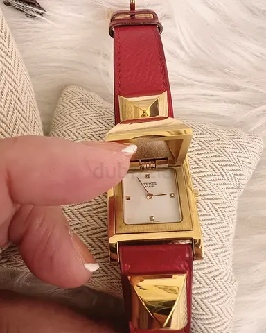 Authentic Hermès Medor Red leather wristwatch