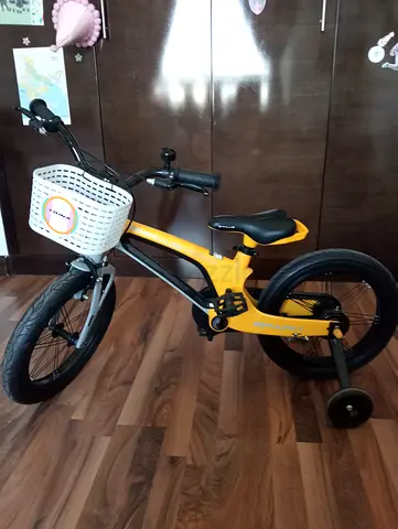 Yellow Kids Bicycle with Training Wheels and Front Basket - Good Condition