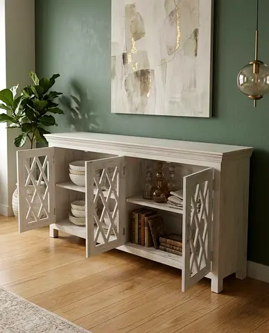 White Wooden Sideboard / Console Cabinet with Decorative Doors