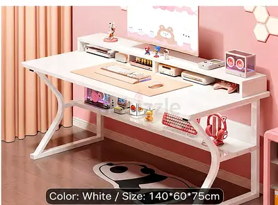 C-Shaped Gaming craft ,art  Desk ,with storage shelf (White, 140 X 60 X 75Cm)