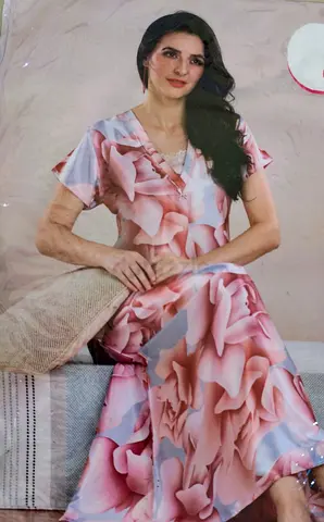 Long Floral Pink V-neck Maxi Dress satin fabric M size — Gentle Floral Print