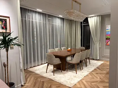 Wooden Dining Table with 8 Upholstered Chairs  - Elegant Set