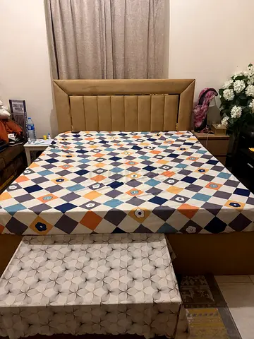 Queen Bed Frame with Upholstered Headboard and Mattress (Beige Velvet) and set coffee table