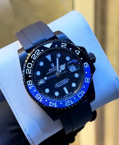 Rolex GMT-Master II style black  blue ceramic bezel Master Copy watch on rubber strap