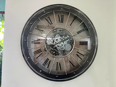 Large Industrial Wall Clock with Exposed Gears