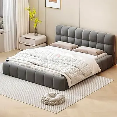 Low-profile upholstered grey platform bed with padded headboard (king/queen size)