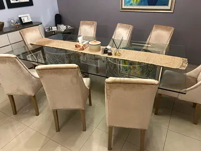 Designer Caracole Dining Table with 8 Beige Velvet Chairs from THE ONE