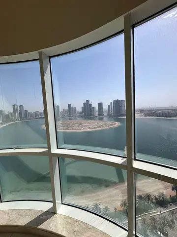 The finest and most luxurious three-bedroom apartment in Al Khan, Sharjah | Sea view | 4 bathrooms | Free air conditioning | Free parking | Free gym