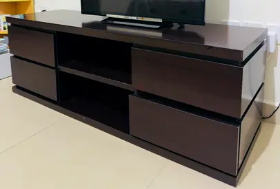 Dark Wood TV Cabinet with Drawers and Open Shelves - Good Condition