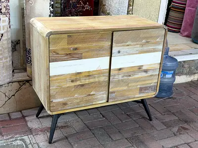 Small Rustic Wooden Cabinet with Sliding Doors on Angled Legs