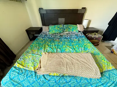 King Size Bed Frame with Headboard and Matching Nightstands - Dark Wood